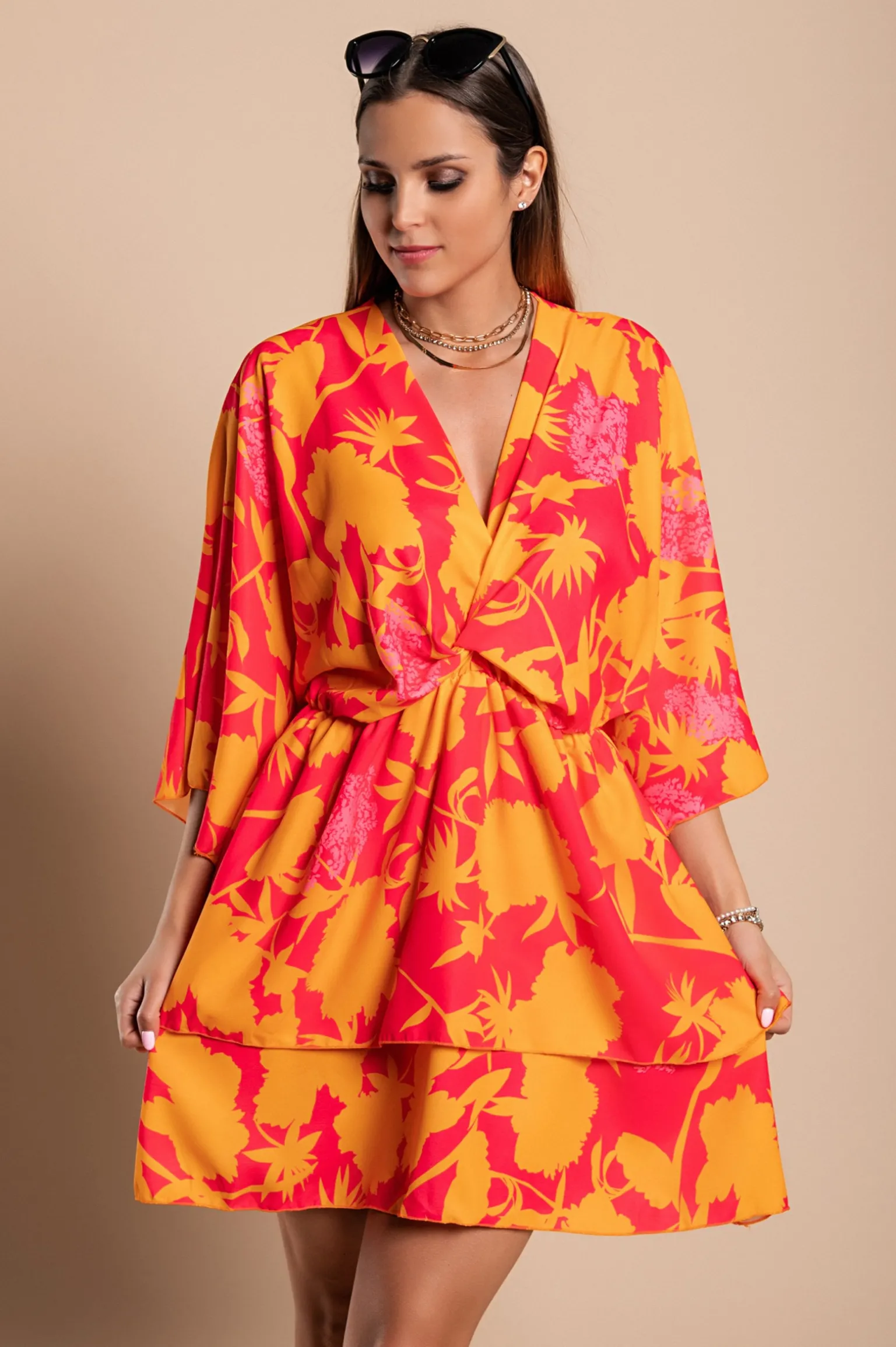 Elegante mini abito con stampa Amasena, arancio