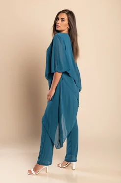 Elegante set composto da tunica trasparente e pantalone lungo Claudette, petrolio