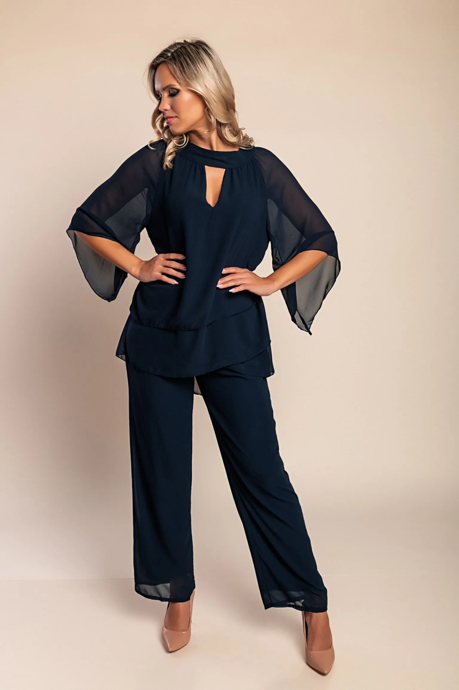 Elegante set tunica e pantaloni lunghi, blu scuro