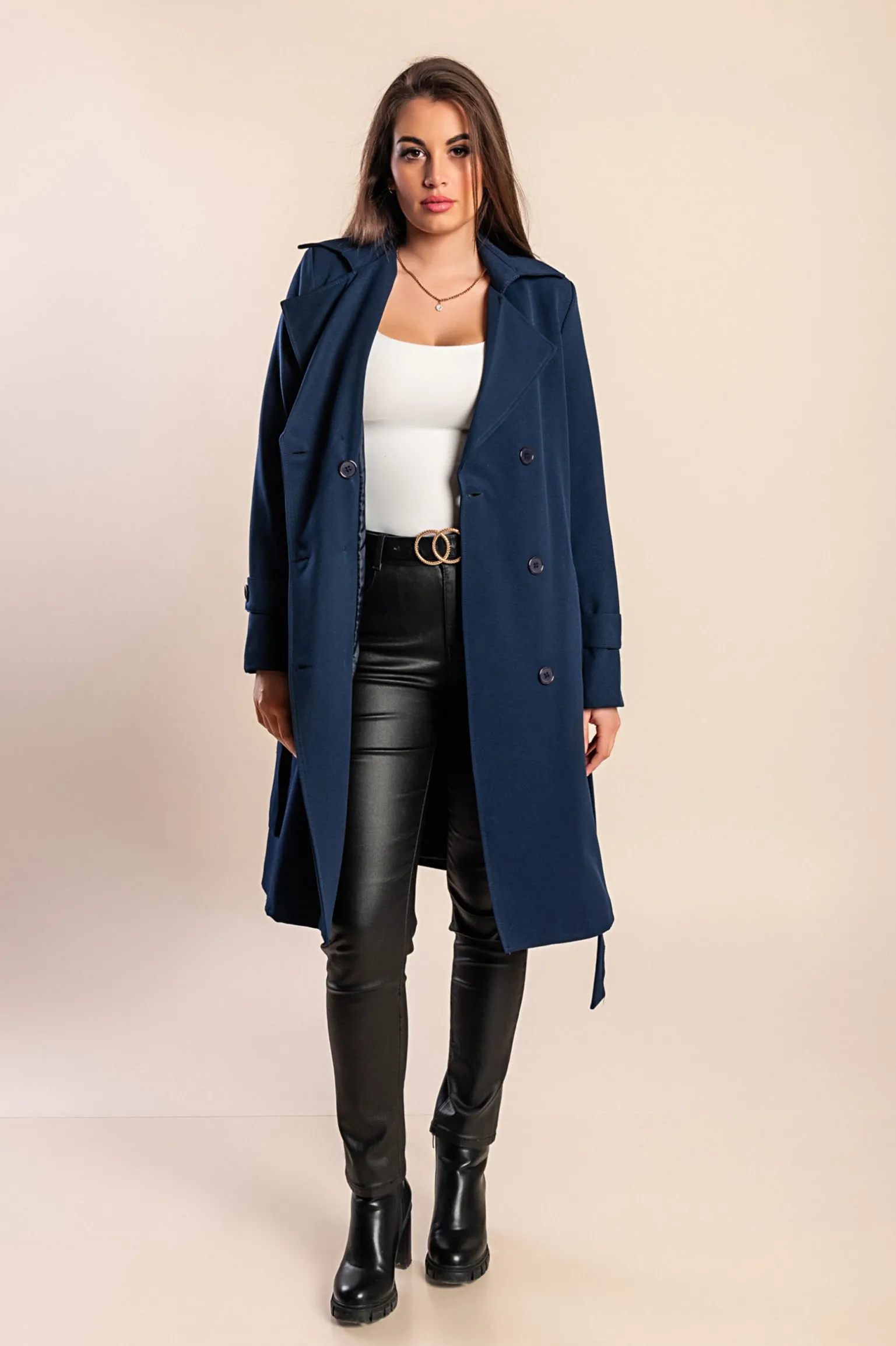 Elegante trench con bottoni, blu scuro