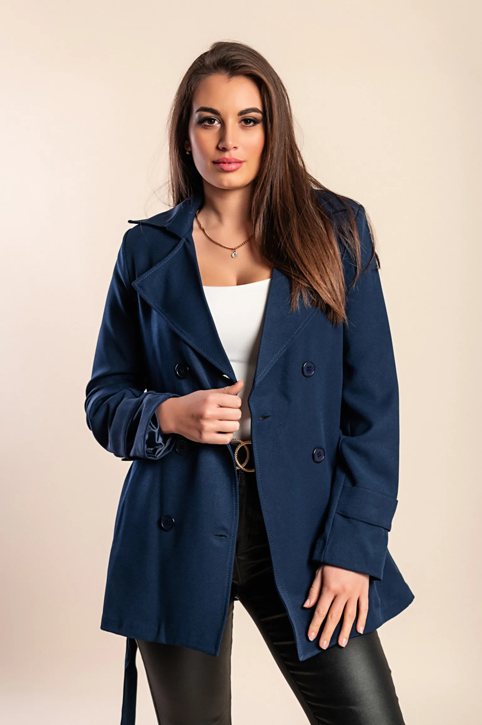 Elegante trench corto con bottoni, blu scuro