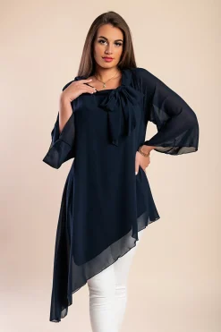 Elegante tunica traslucida con fiocco decorativo Ginette, blu scuro
