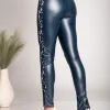 Eleganti leggings in ecopelle con pizzo Margaretta, blu scuro