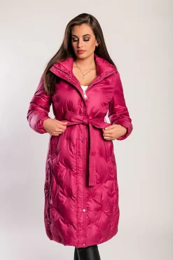 Giacca lunga imbottita con cappuccio, fucsia