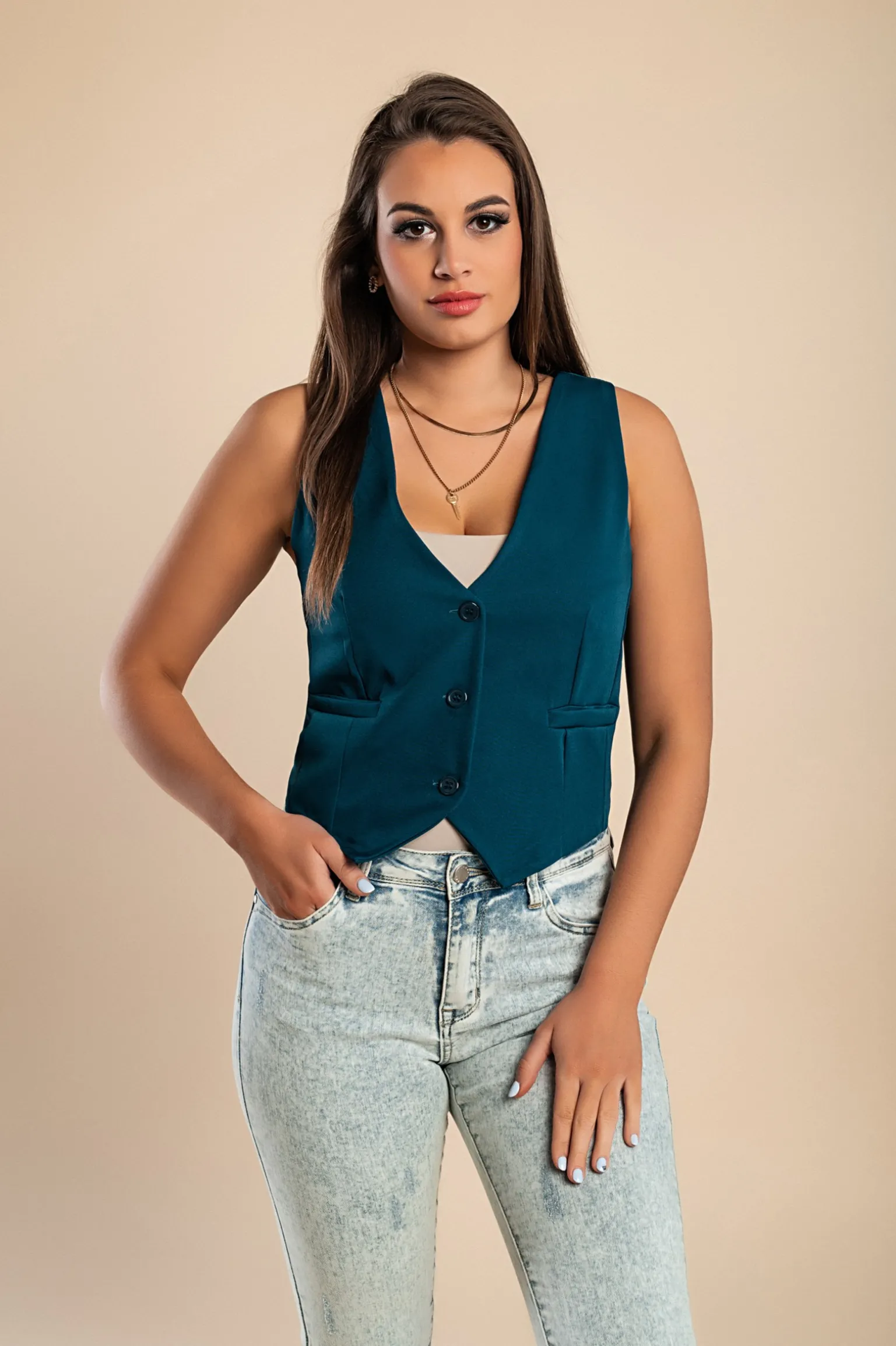 Gilet Elegante con Bottoni, Petrolio