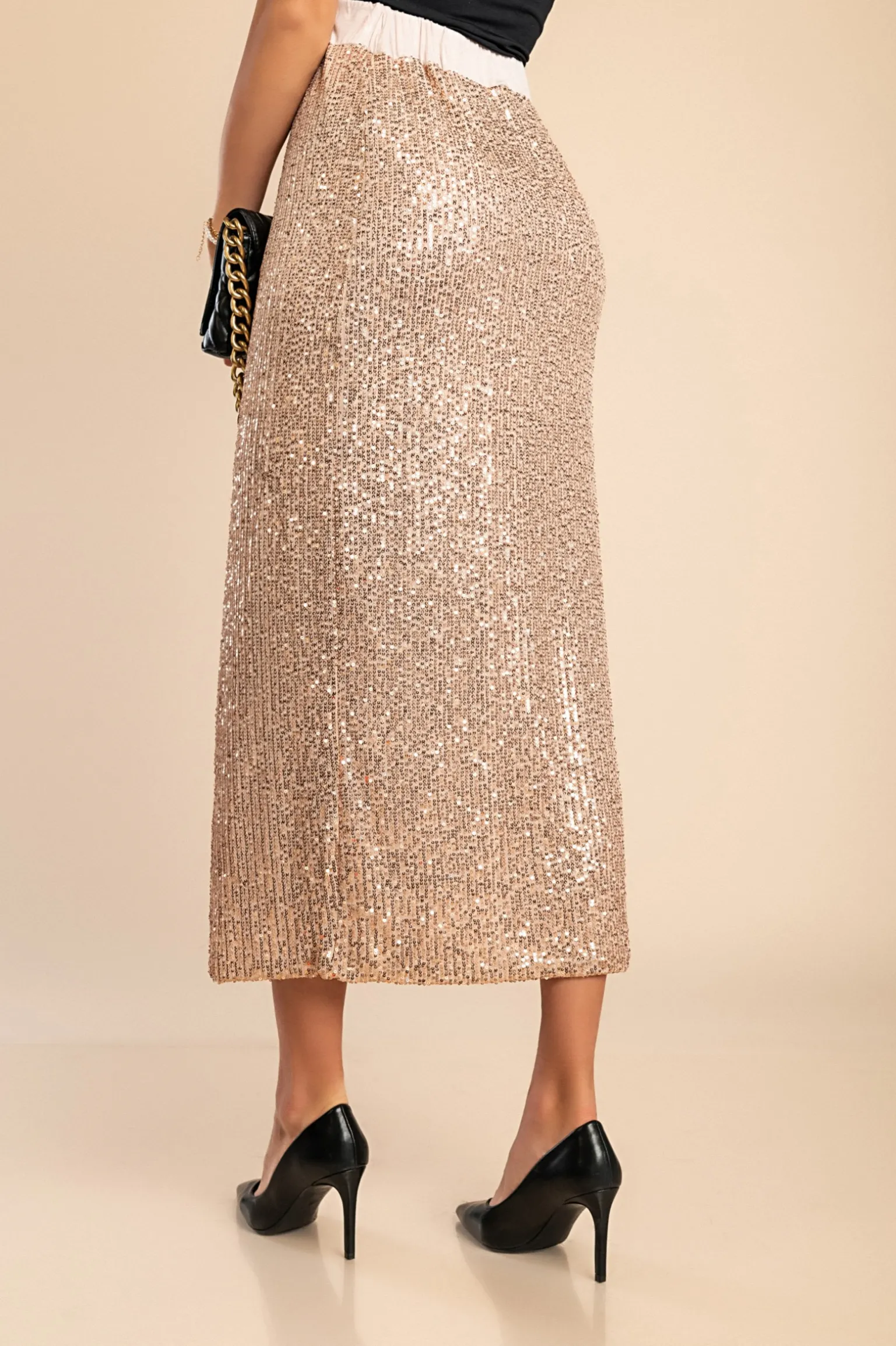 Gonna midi con paillettes, colore oro