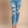 Jeans attillati a vita alta e spacchi Stefana, celeste