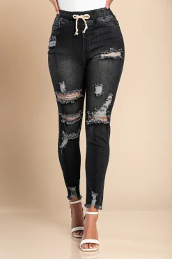 Jeans attillati a vita alta e spacchi Stefana, nero