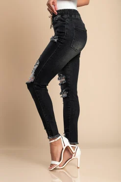 Jeans attillati a vita alta e spacchi Stefana, nero