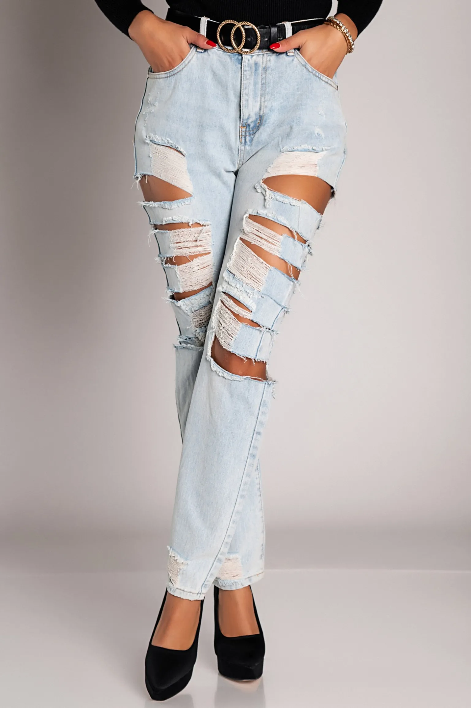 Jeans dritti con grandi strappi Venetina, azzurro