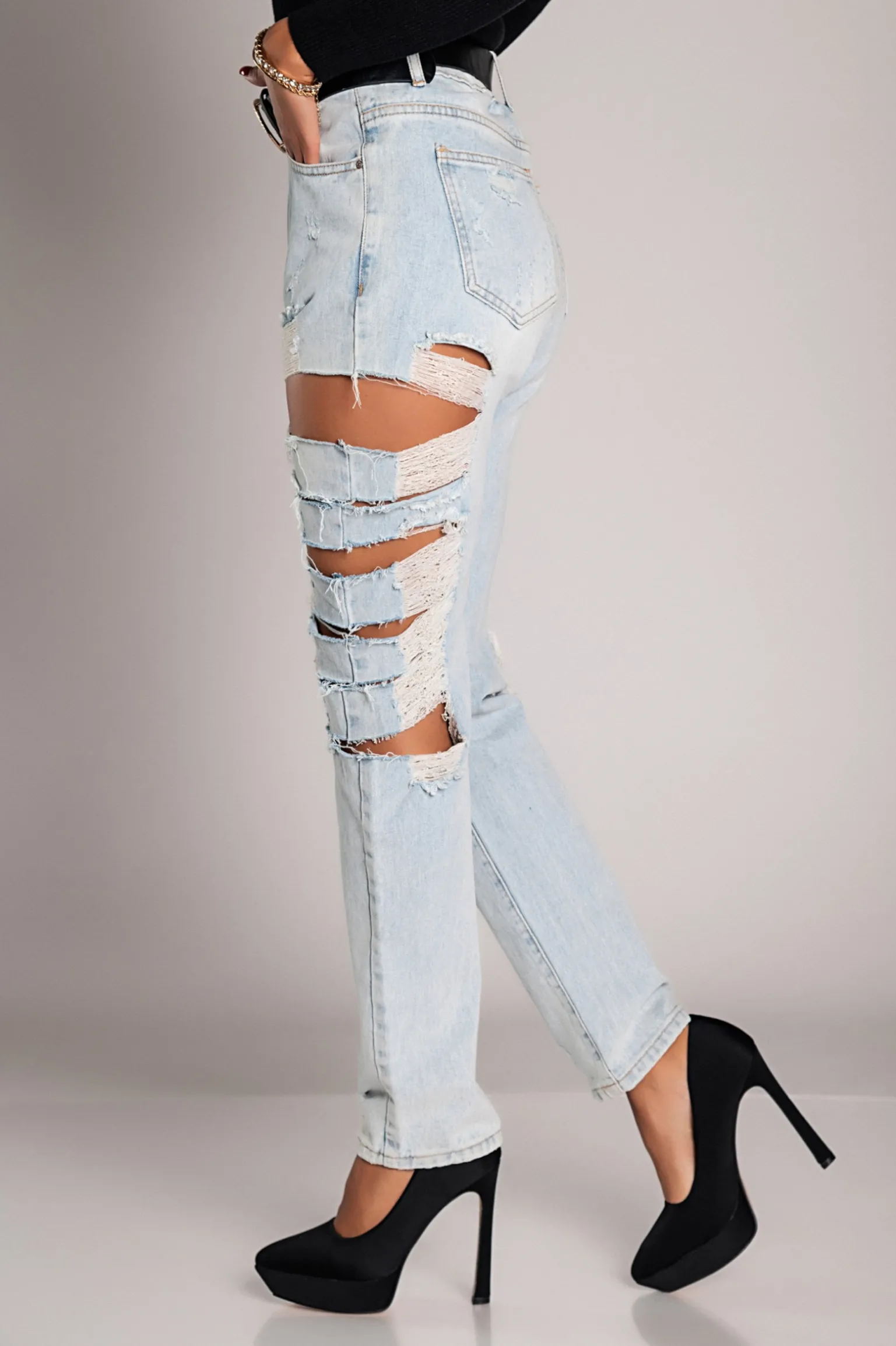 Jeans dritti con grandi strappi Venetina, azzurro