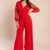 JUMPSUIT ELEGANTE CON SCOLLO A "V" E MANICHE TRASPARENTI CON RIVETTI GEORGINA, ROSSO