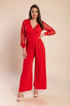 JUMPSUIT ELEGANTE CON SCOLLO A "V" E MANICHE TRASPARENTI CON RIVETTI GEORGINA, ROSSO