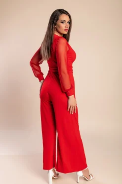 JUMPSUIT ELEGANTE CON SCOLLO A "V" E MANICHE TRASPARENTI CON RIVETTI GEORGINA, ROSSO