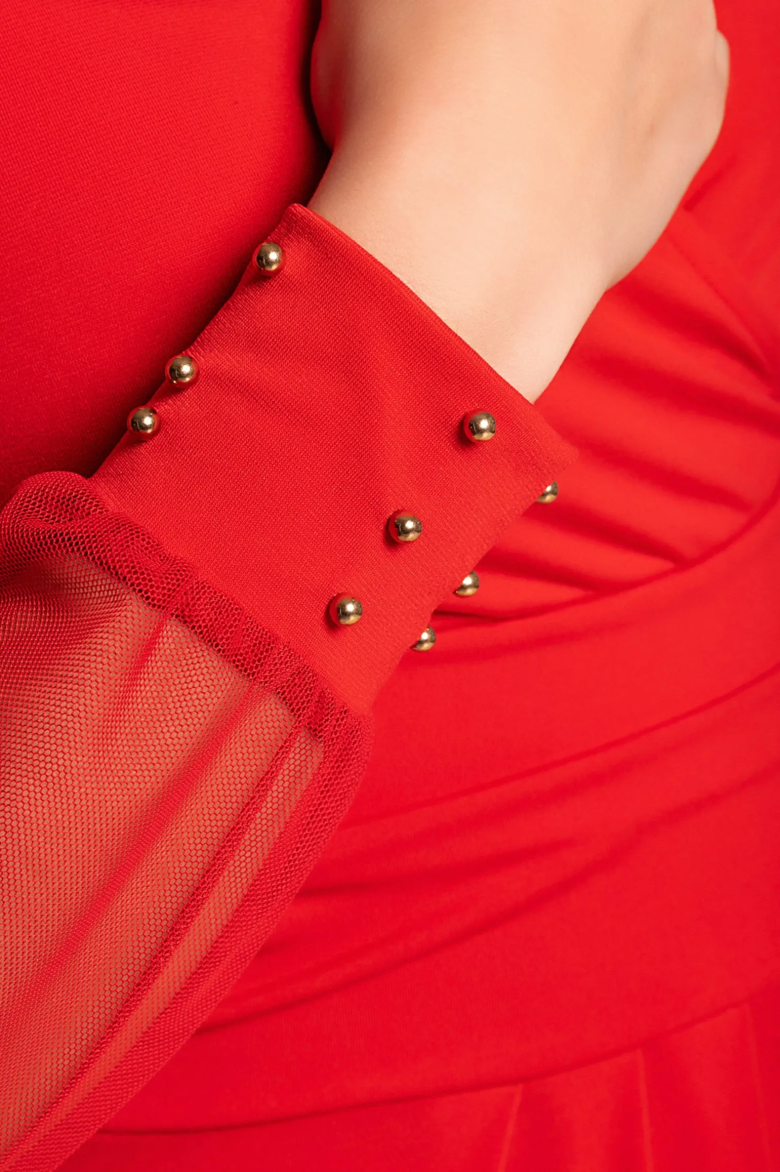 JUMPSUIT ELEGANTE CON SCOLLO A "V" E MANICHE TRASPARENTI CON RIVETTI GEORGINA, ROSSO