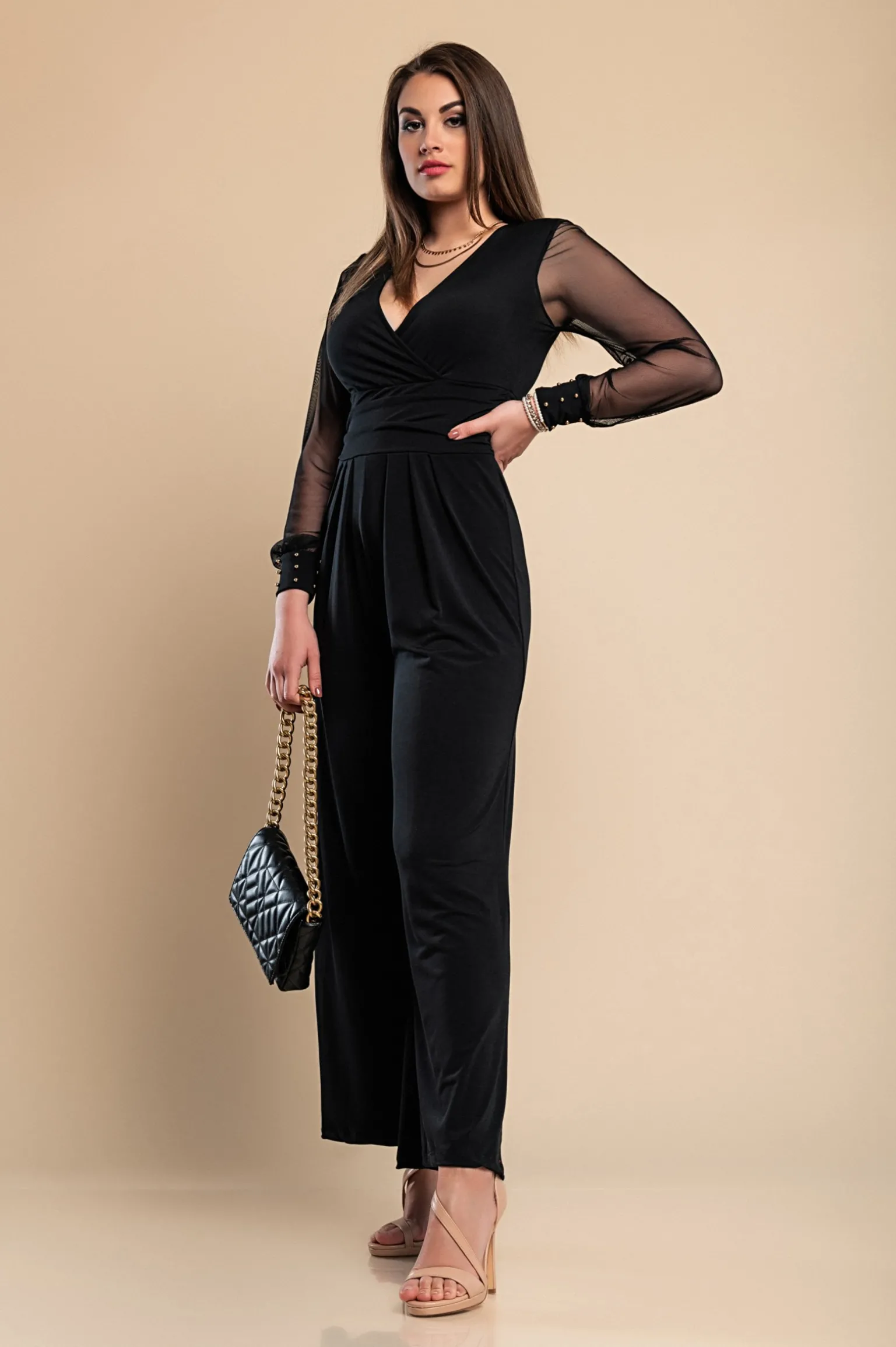 JUMPSUIT ELEGANTE CON SCOLLO A "V" E MANICHE TRASPARENTI CON RIVETTI GEORGINA, NERO