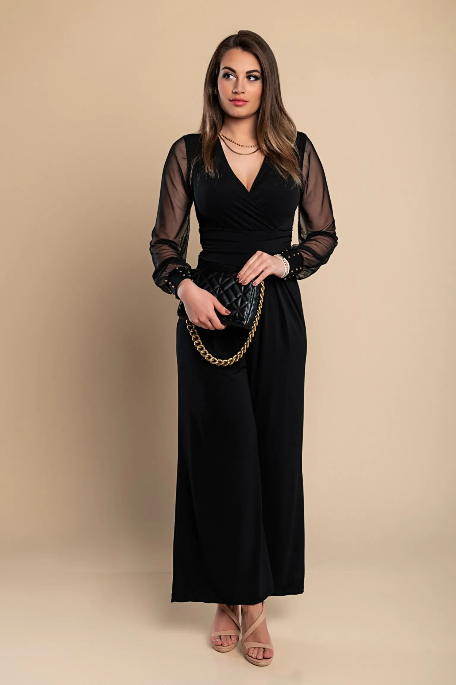 JUMPSUIT ELEGANTE CON SCOLLO A "V" E MANICHE TRASPARENTI CON RIVETTI GEORGINA, NERO