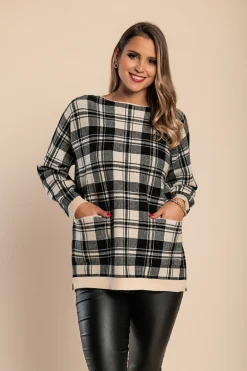 Maglia morbida con stampa scozzese, nera e beige