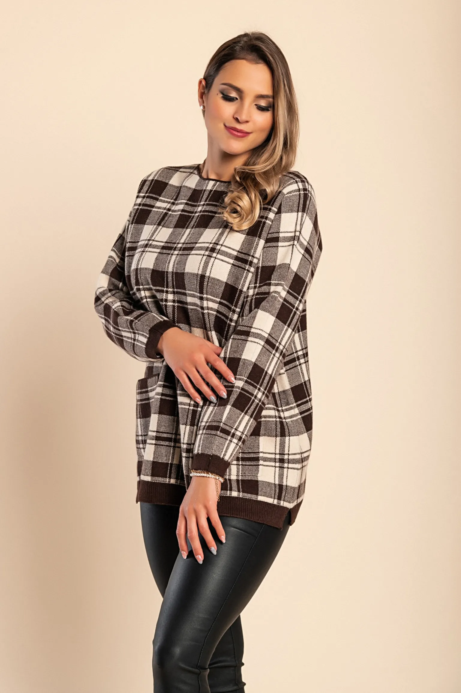 Maglia morbida con stampa scozzese, marrone