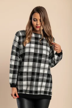 Maglia morbida con stampa scozzese, bianca e nera