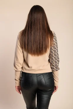 Maglietta elegante con stampa geometrica e zip Mattina, beige-nero