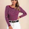 Maglietta in maglia con motivo a righe, fucsia