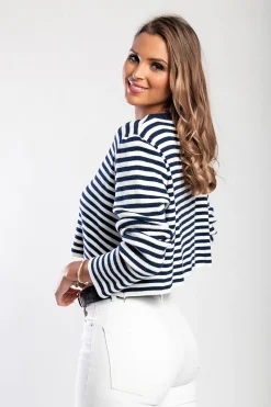 Maglietta in maglia con stampa a righe, blu/bianco