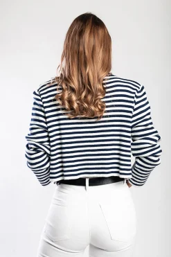 Maglietta in maglia con stampa a righe, blu/bianco