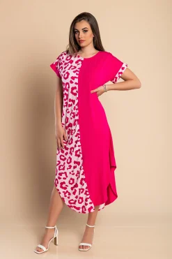 Maxi abito elegante con stampa leopardata, rosa