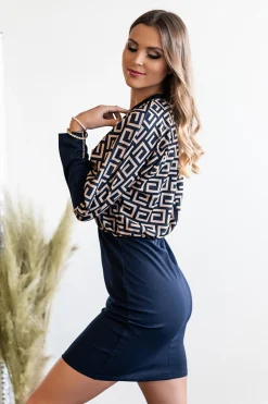 Mini abito a maniche lunghe con stampa geometrica Lenta, blu scuro