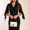 Mini abito elegante con dettaglio di perle finte e scollo incrociato Candys, nero