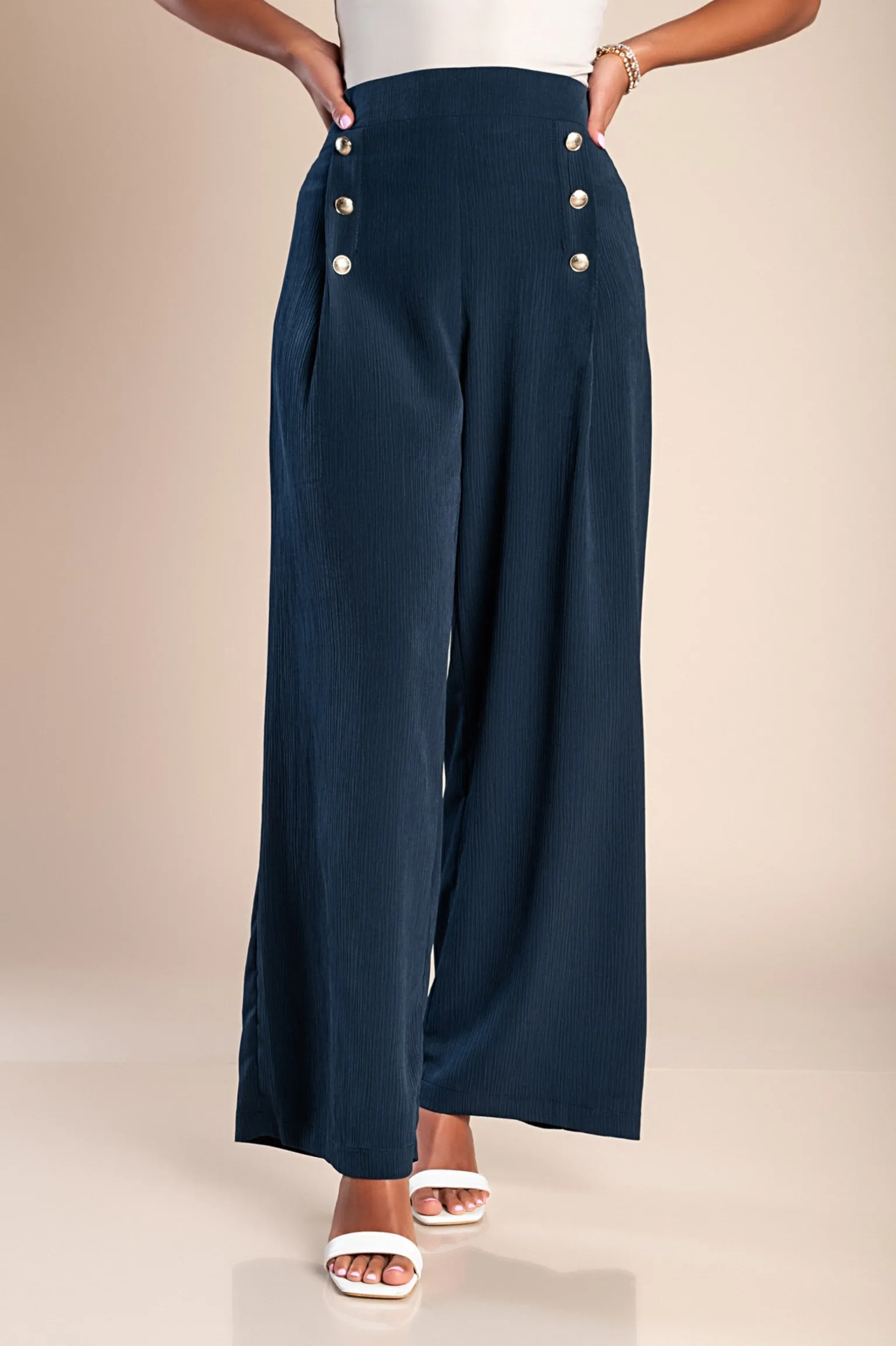 Pantaloni lunghi eleganti con bottoni, blu scuro