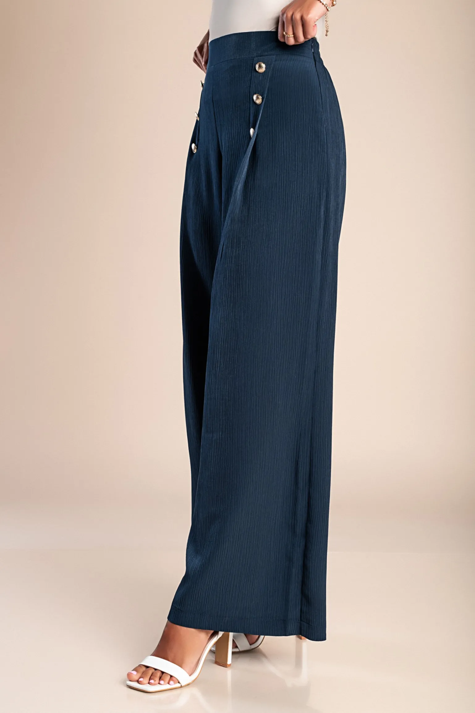 Pantaloni lunghi eleganti con bottoni, blu scuro
