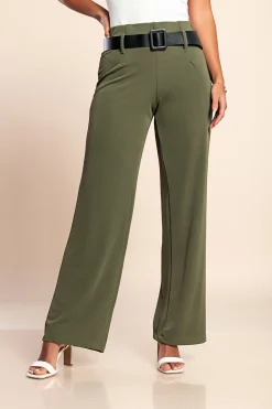 Pantaloni lunghi eleganti con cintura, colore oliva