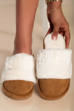 Pantofole con pelliccia sintetica, colore cammello