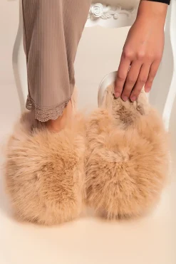 Pantofole in pelliccia sintetica, cammello