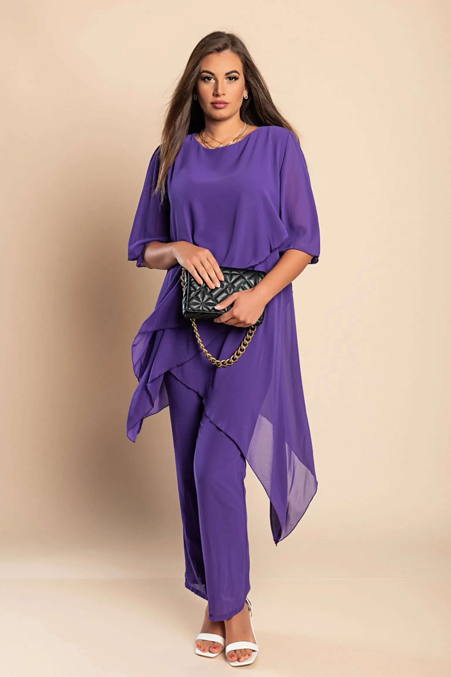 Set di elegante tunica trasparente e pantaloni lunghi Claudette, viola