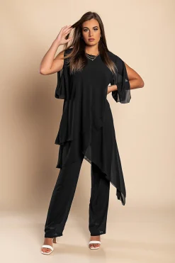 Set di elegante tunica traslucida e pantaloni lunghi Claudette, neri