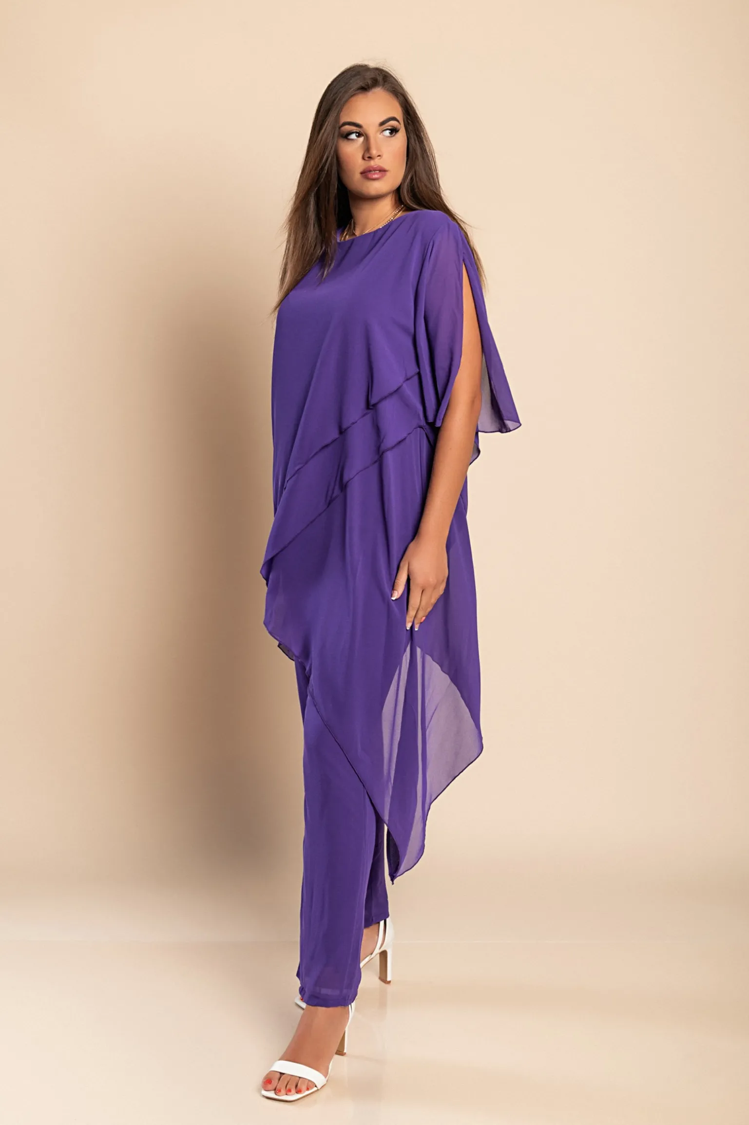 Set di elegante tunica trasparente e pantaloni lunghi Claudette, viola