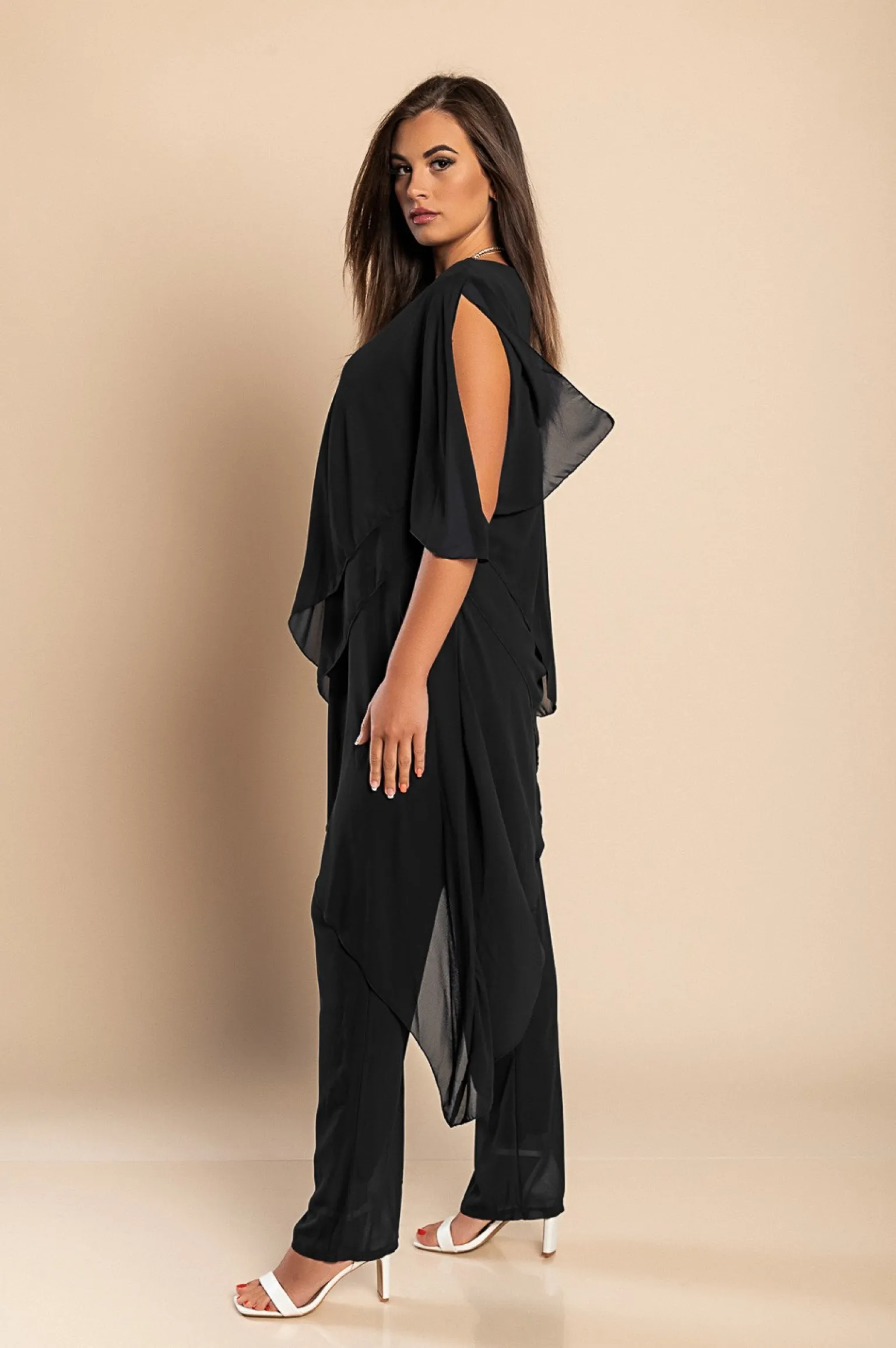 Set di elegante tunica traslucida e pantaloni lunghi Claudette, neri