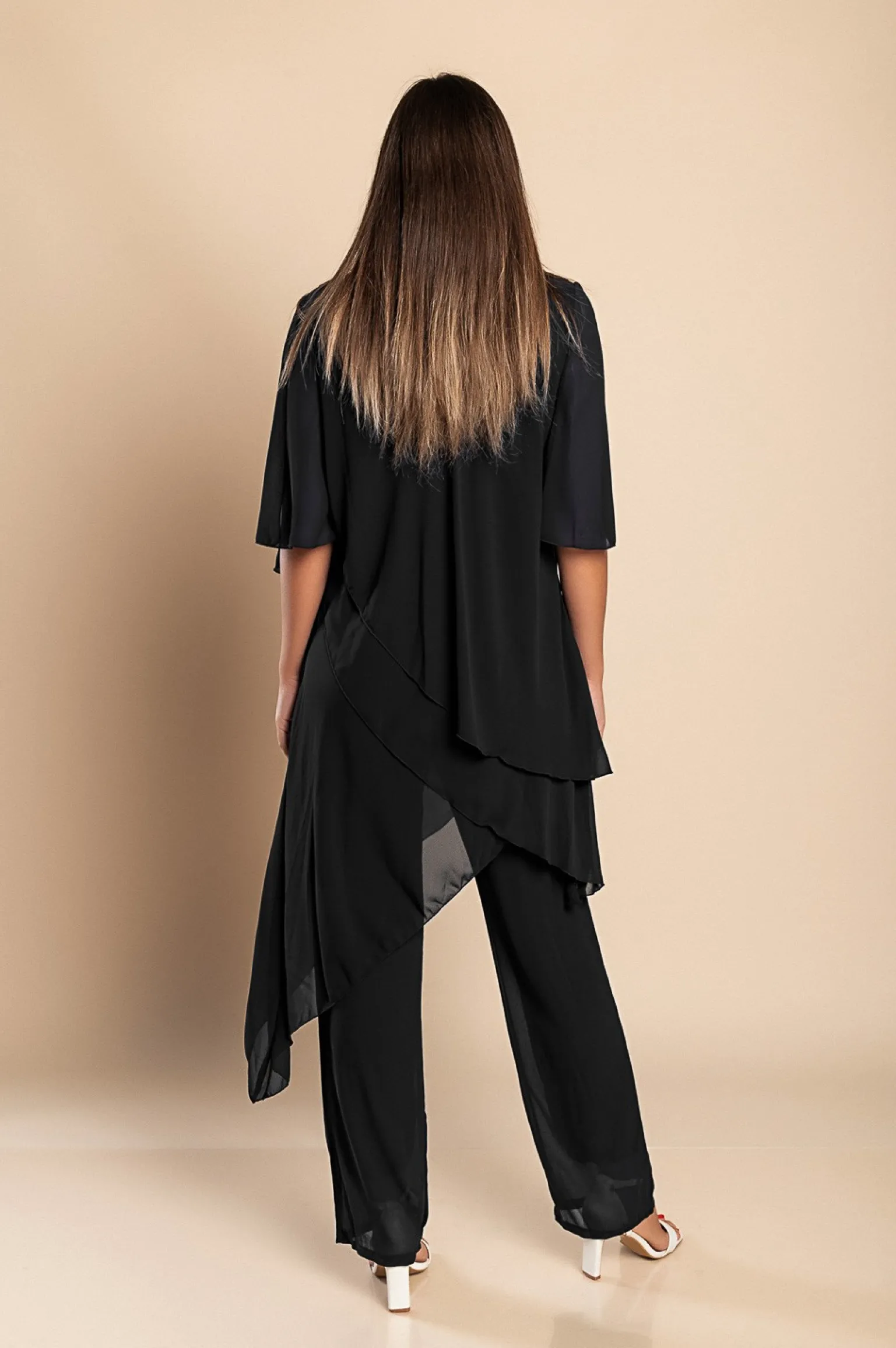 Set di elegante tunica traslucida e pantaloni lunghi Claudette, neri