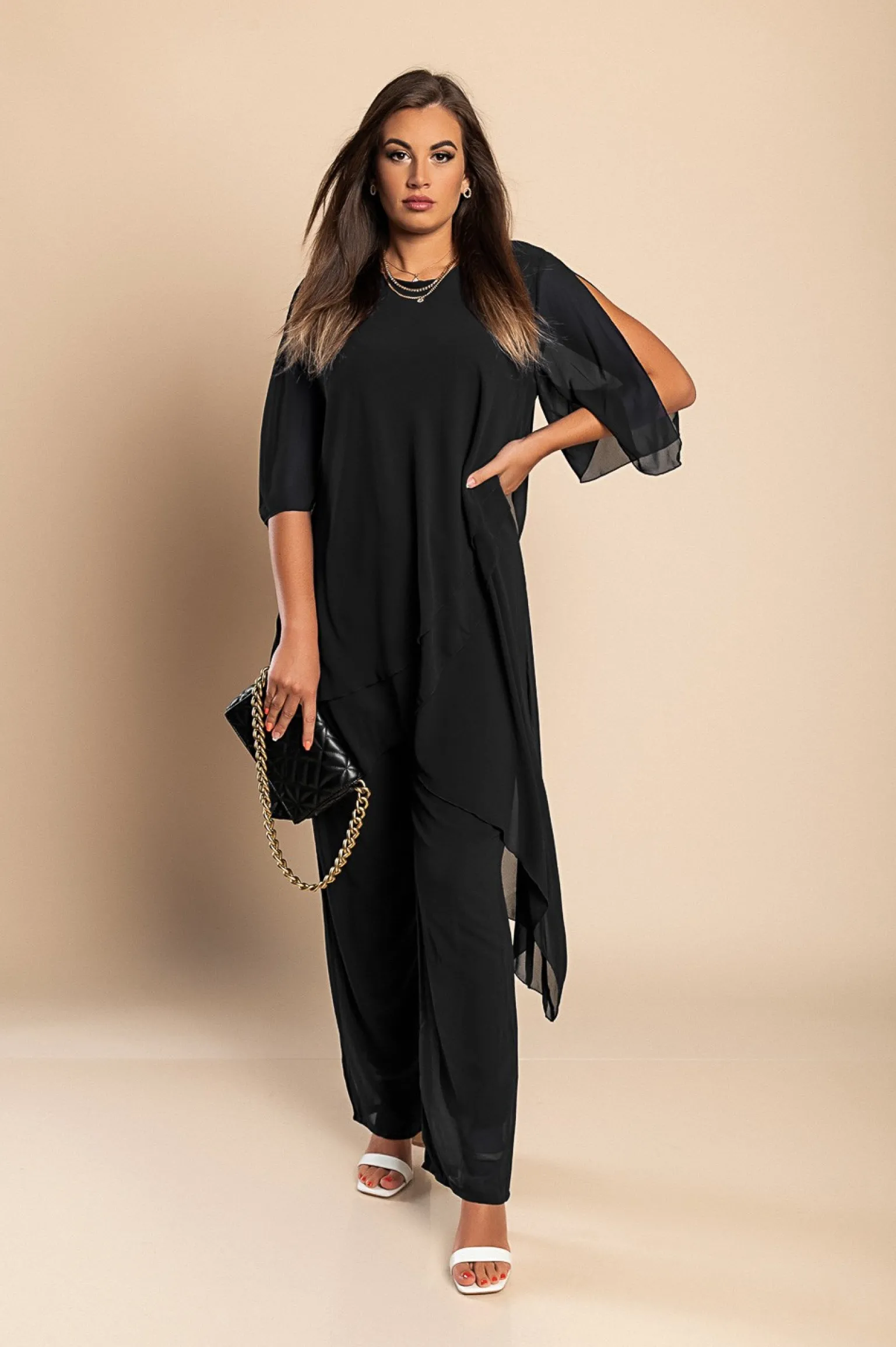 Set di elegante tunica traslucida e pantaloni lunghi Claudette, neri