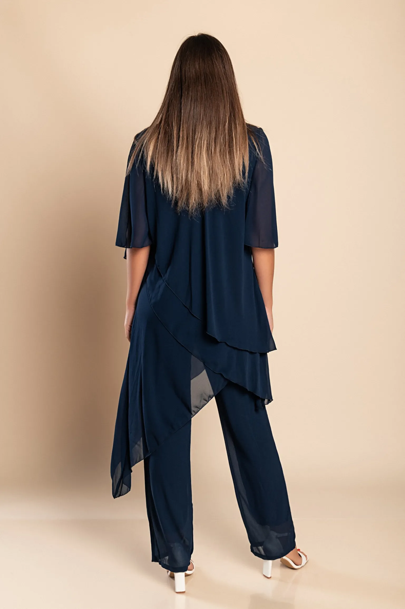 Set di elegante tunica traslucida e pantaloni lunghi Claudette, blu scuro