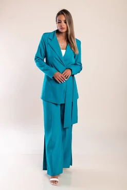 Tailleur pantalone elegante monocolore, petrolio