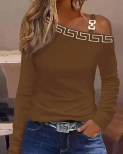 Top con stampa geometrica, marrone