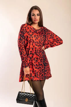 Tunica con tasche e stampa leopardata Delaney, rossa