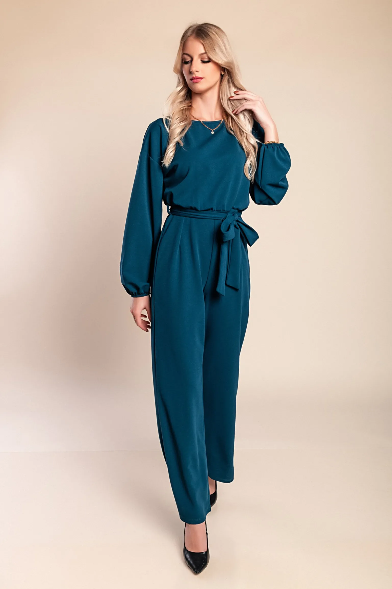 Tuta elegante a maniche lunghe, petrolio