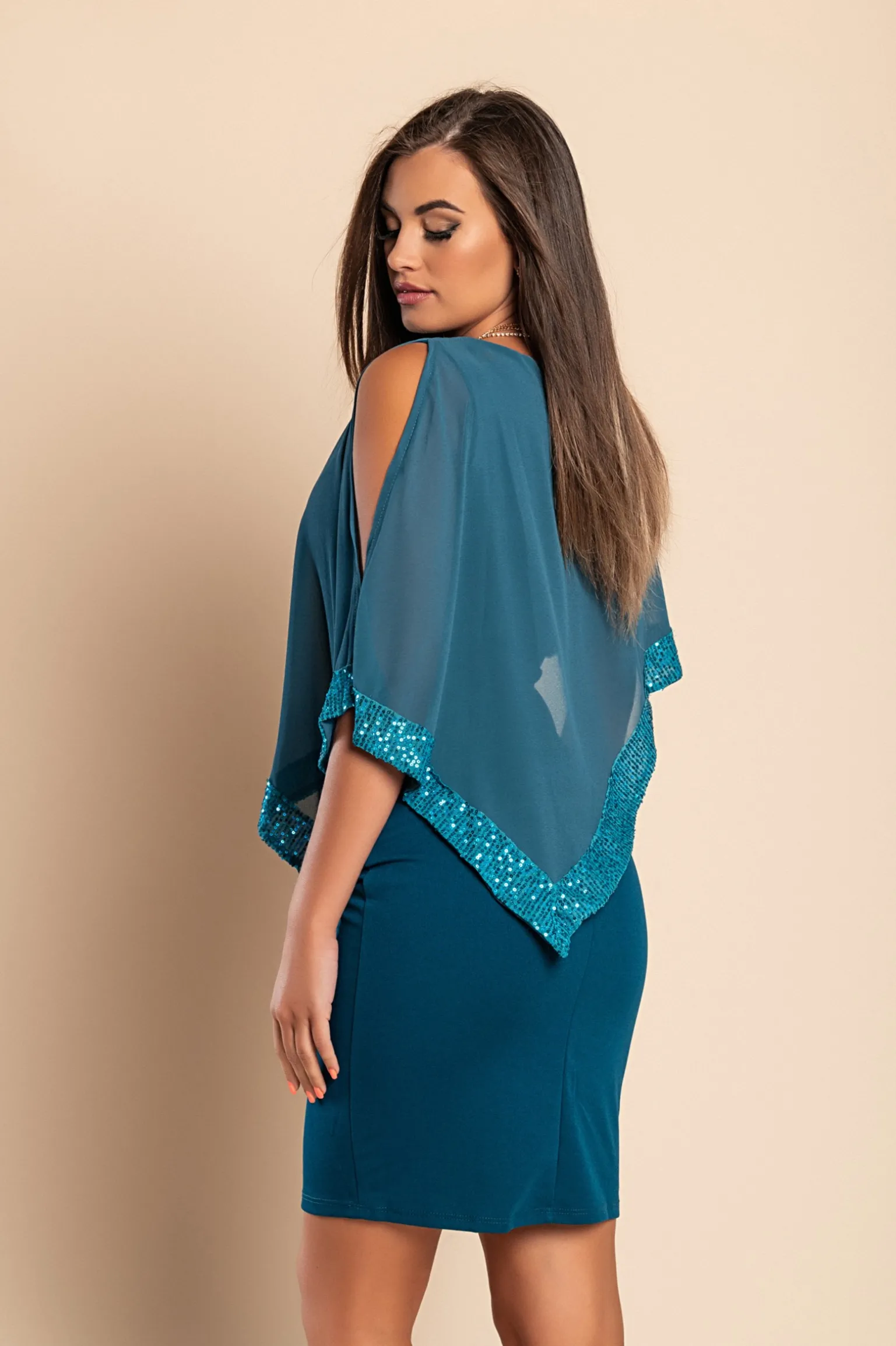 Vestito elegante con mantellina Arlet, petrolio