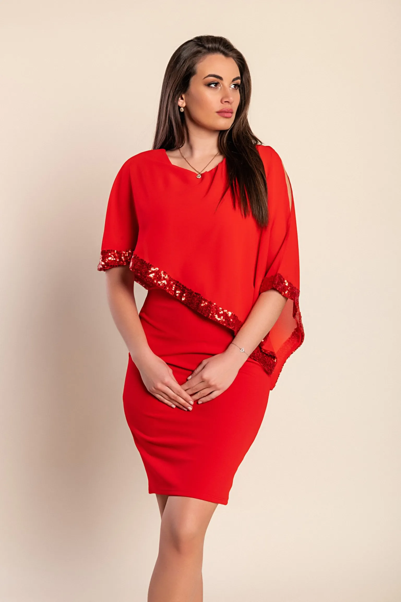 Vestito elegante con mantellina Arlet, rosso