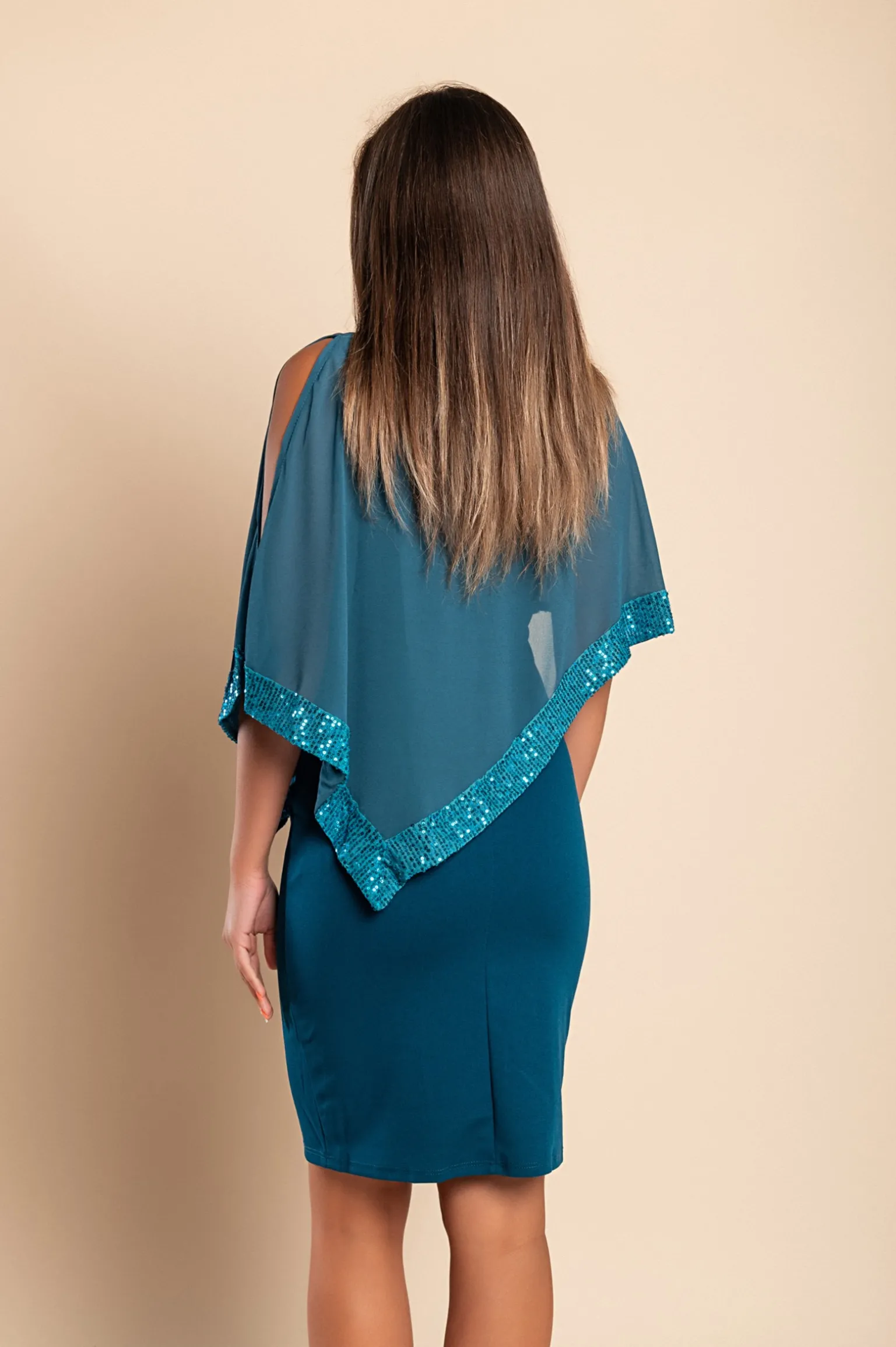 Vestito elegante con mantellina Arlet, petrolio